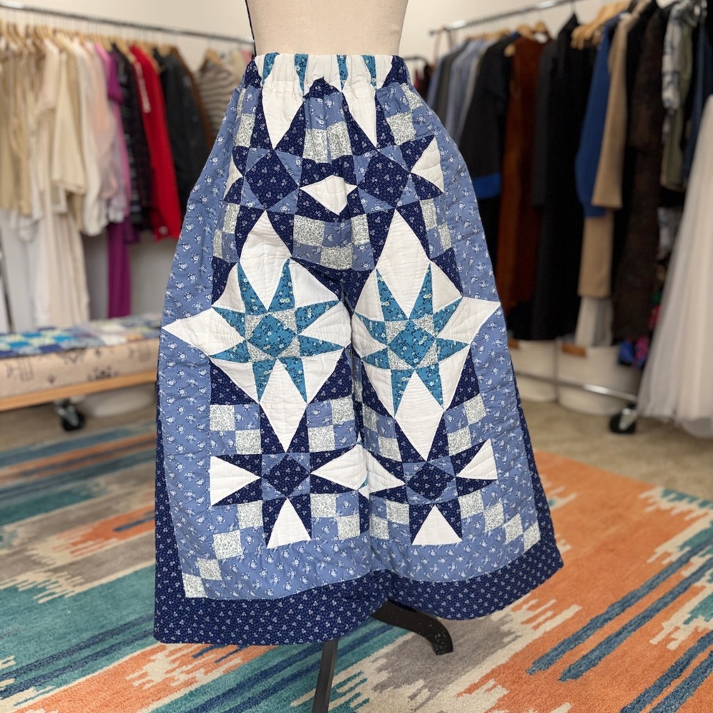 Blue Patchwork Wide-Leg Quilted Pants - Picture 4 of 10